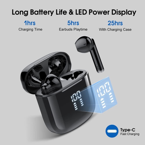 Mini Bluetooth 5.3 Wireless Earbuds, Headphones HiFi Stereo, Noise Cancelling Mic Wireless Earphones 25H Playtime, Touch Control Waterproof Wireless