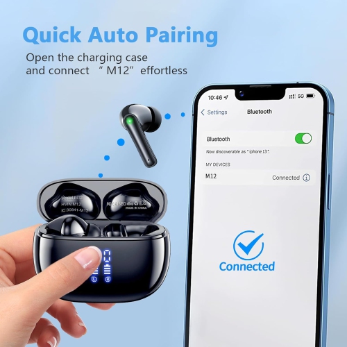 Bluetooth 5.3 Headphones Wireless Earbuds, with LED Power Display Charging Case, Waterproof Deep Bass Stereo Earphones with Mic for Android iOS Cell
