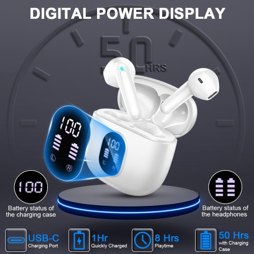 Bluetooth Headphones Wireless Earbuds,Mini Bluetooth Earbuds with 4 HD ENC Noise Cancelling Mics, 50H Playtime Wireless Earphones Waterproof, LED