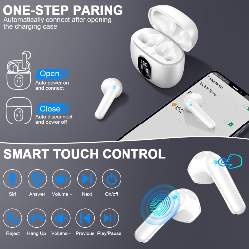 Bluetooth Headphones Wireless Earbuds,Mini Bluetooth Earbuds with 4 HD ENC Noise Cancelling Mics, 50H Playtime Wireless Earphones Waterproof, LED