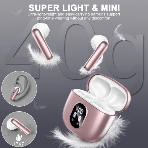 Bluetooth Headphones Wireless Earbuds,Mini Bluetooth Earbuds with 4 HD ENC Noise Cancelling Mics, 50H Playtime Wireless Earphones Waterproof, LED