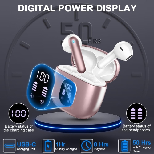 Bluetooth Headphones Wireless Earbuds,Mini Bluetooth Earbuds with 4 HD ENC Noise Cancelling Mics, 50H Playtime Wireless Earphones Waterproof, LED