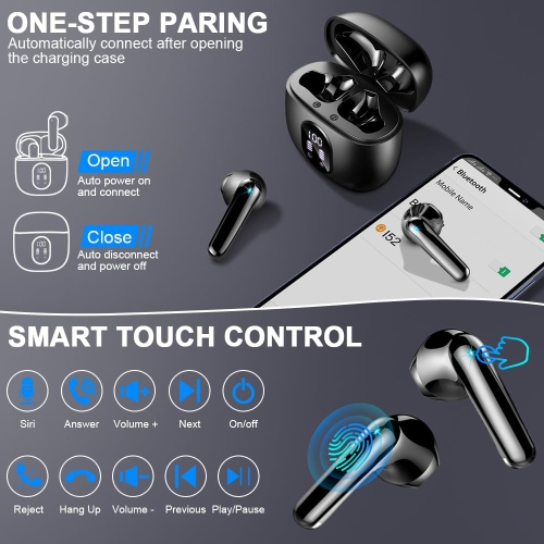 Bluetooth Headphones Wireless Earbuds,Mini Bluetooth Earbuds with 4 HD ENC Noise Cancelling Mics, 50H Playtime Wireless Earphones Waterproof, LED
