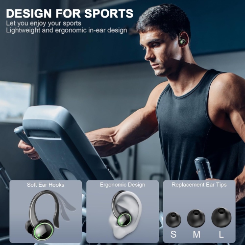Bluetooth Headphones 5.3 Wireless Earbuds Sport, HiFi Stereo Ear Buds, Noise Cancelling Mic Headphones, LED Display Earbuds for Running/Fitness, Deep