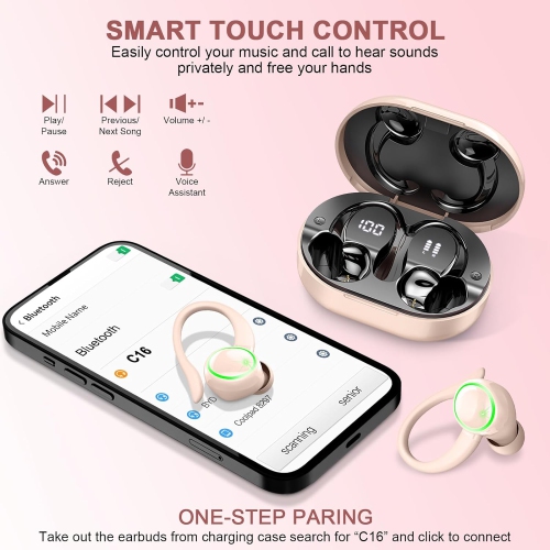 Bluetooth Headphones 5.3 Wireless Earbuds Sport, HiFi Stereo Ear Buds, Noise Cancelling Mic Headphones, LED Display Earbuds for Running/Fitness, Deep