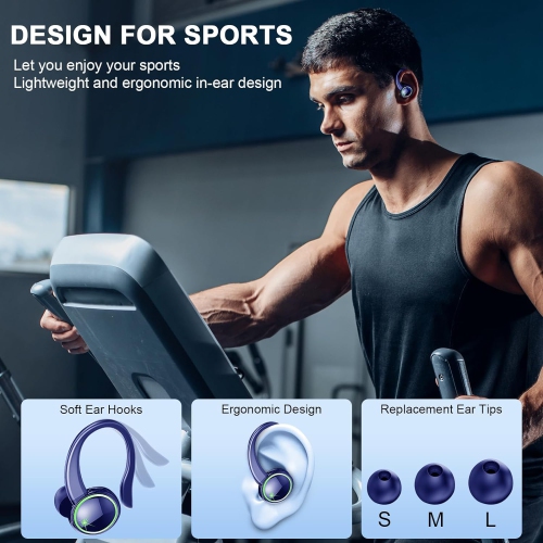 Bluetooth Headphones 5.3 Wireless Earbuds Sport, HiFi Stereo Ear Buds, Noise Cancelling Mic Headphones, LED Display Earbuds for Running/Fitness, Deep