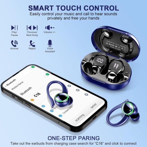 Bluetooth Headphones 5.3 Wireless Earbuds Sport, HiFi Stereo Ear Buds, Noise Cancelling Mic Headphones, LED Display Earbuds for Running/Fitness, Deep