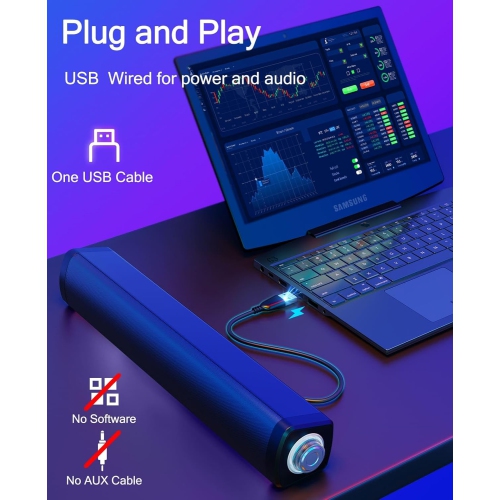 Haut-parleurs d'ordinateur avec lampes tactiles pour moniteur de bureau, volume Konb, alimentation USB avec fil et audio pour ordinateur portable,