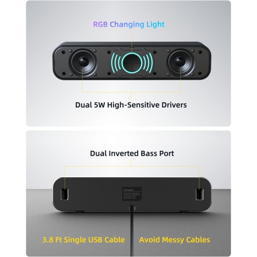 USB Computer Speakers for Desktop, Laptop, PC Gaming Speakers, Computer Sound Bar with Stereo Loud Sound, Enhanced Bass, Dynamic RGB Light