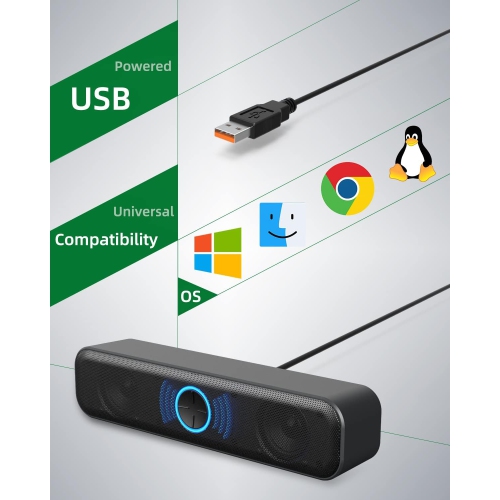 USB Computer Speakers for Desktop, Laptop, PC Gaming Speakers, Computer Sound Bar with Stereo Loud Sound, Enhanced Bass, Dynamic RGB Light