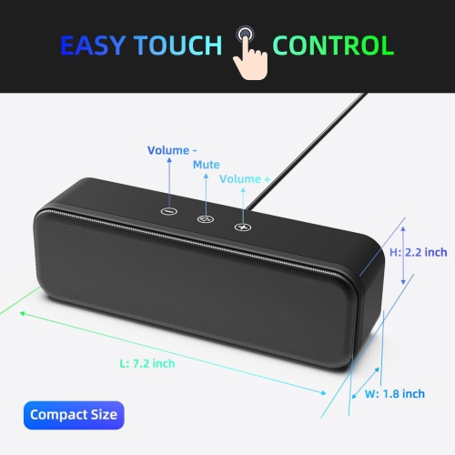 USB Computer Speakers for Desktop PC, Laptop, Small Soundbar with Crystal-Clear Sound with Loud Volume, Touch Control for Linux ,Windows, macOS,