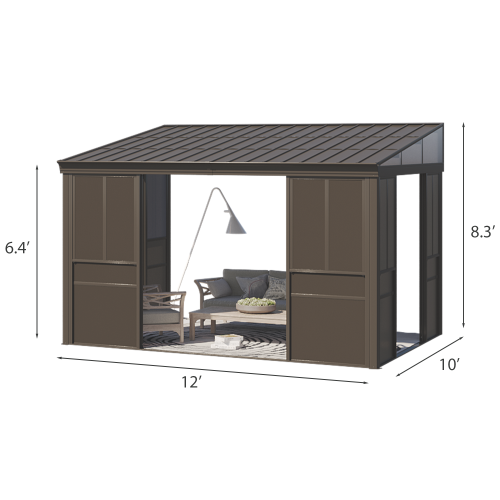 Erommy 10' x 12' Wall Mounted Gazebo, All-Season Patio Gazebo Sunroom with Side Door, Outdoor Permanent Sunroom- Brown