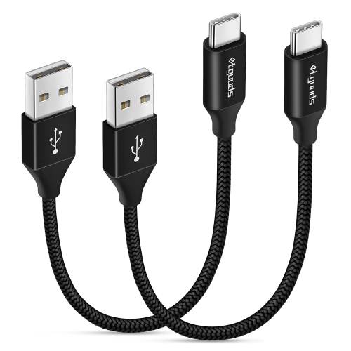Black Short USB C Cable 0.5ft, 2-Pack USB to USB C Cable 3A Fast Charging Type C Cable Braided Data Cord Rechargeable Battery Batteries Replacement