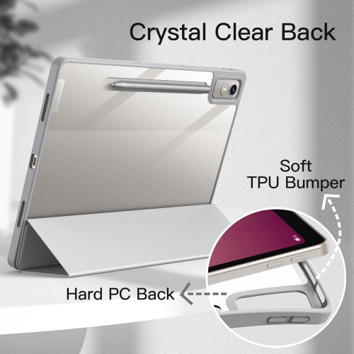 Case for Lenovo Tab P12 12.7-Inch with Stylus Holder, Clear Transparent Hard PC Back, Protective Tri-Fold Stand Rechargeable Battery Batteries