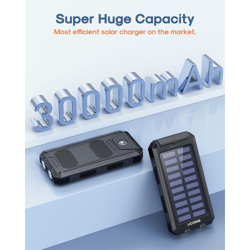 Solar Charger Power Bank Fast Charging - 30000mAh Portable Solar Phone y Panel Charger, QC3.0 Dual USB Port Rechargeable Battery Batteries
