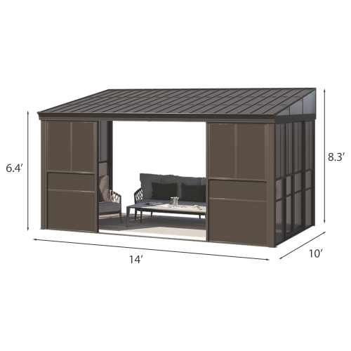 Erommy 10' x 14' Wall Mounted Gazebo, All-Season Patio Gazebo Sunroom with Side Door, Outdoor Permanent Sunroom- Brown