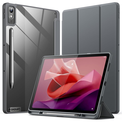 Case for Lenovo Tab P12 12.7-Inch with Stylus Holder, Clear Transparent Hard PC Back, Protective Tri-Fold Stand Rechargeable Battery Batteries