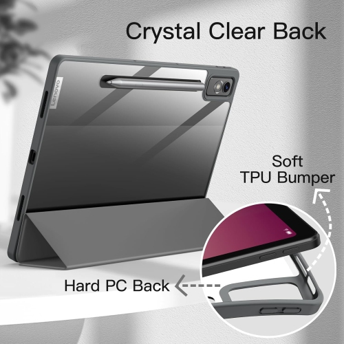 Case for Lenovo Tab P12 12.7-Inch with Stylus Holder, Clear Transparent Hard PC Back, Protective Tri-Fold Stand Rechargeable Battery Batteries