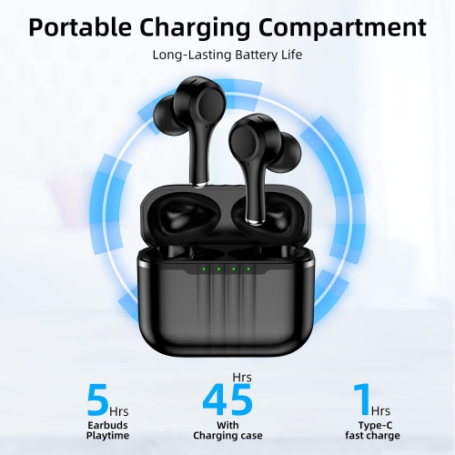Earbuds, Bluetooth 5.2 Earbuds with Hi-Fi Stereo Audio, Headphones with 4 s, 45H Playtime, IPX7 Rechargeable Battery Batteries Replacement Ni-MH AAA