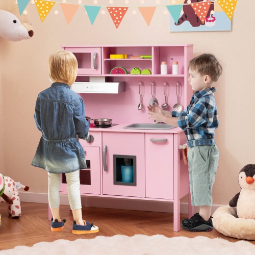 Ensemble de jeu de cuisine pour enfants en bois de Costway avec four à micro-ondes et accessoires