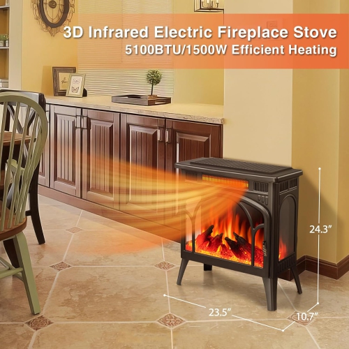 ZAFRO Electric Fireplace Heater w/Remote,24'' Portable Infrared Fireplace Stove w/Multiple 3D Flame, Adjustable Temp & Brightness,Timer 5100BTU