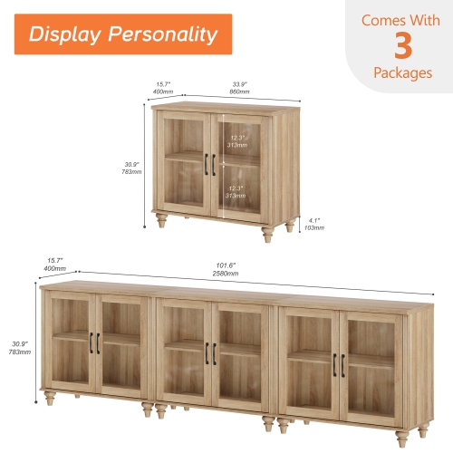 WAMAPT Sideboard Buffet Cabinets with 6-Glass Door,Large Kitchen Storage Cabinets,Wood Coffee Bar Tables with Adjustable Shelf for Dining Room,Living