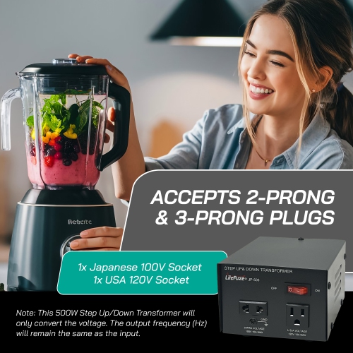 Transformateur de haut en bas robuste JP-500 de LiteFuze - Convertisseur de tension 500 W Électroménagers japonais et américains uniquement avec