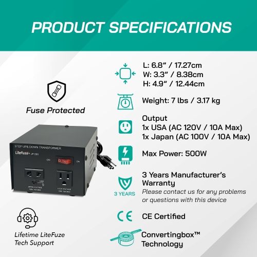 Transformateur de haut en bas robuste JP-500 de LiteFuze - Convertisseur de tension 500 W Électroménagers japonais et américains uniquement avec