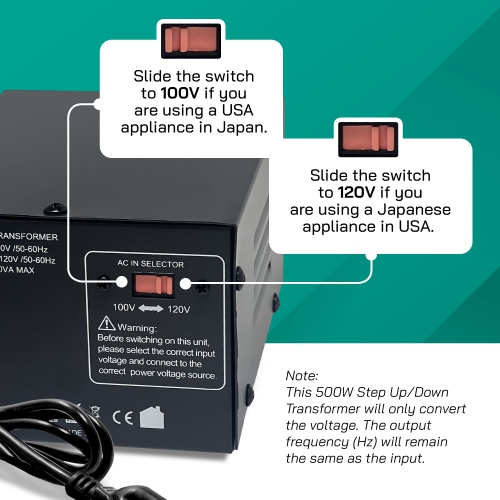 Transformateur de haut en bas robuste JP-500 de LiteFuze - Convertisseur de tension 500 W Électroménagers japonais et américains uniquement avec