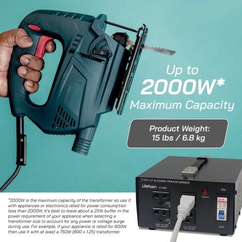 LiteFuze 2000w Step-Up/step-Down Transformer for Japanese and US appliances with 2 Outputs Sockets - Premium Copper Coil, Noise Reduction, and