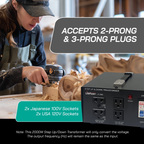 LiteFuze 2000w Step-Up/step-Down Transformer for Japanese and US appliances with 2 Outputs Sockets - Premium Copper Coil, Noise Reduction, and
