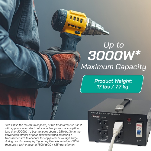 Transformateur de tension 3000 W Japon de Litefuze - Monter/descendre de 100 V à 120 V et 120 V à 100 V - Certifié CE avec protection de