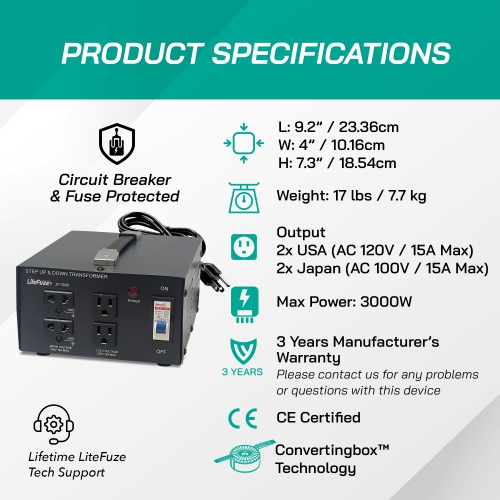 Transformateur de tension 3000 W Japon de Litefuze - Monter/descendre de 100 V à 120 V et 120 V à 100 V - Certifié CE avec protection de