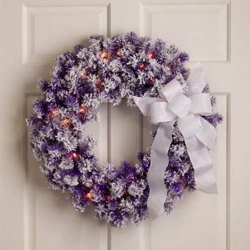 Pre-Lit Flocked Pine Artificial Christmas Wreath - 24" - Purple - Clear Lights