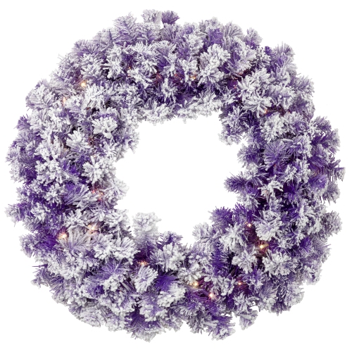 Pre-Lit Flocked Pine Artificial Christmas Wreath - 24" - Purple - Clear Lights