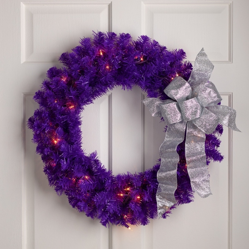 NORTHLIGHT  Pre-Lit Artificial Pine Christmas Wreath - 24" - - Clear Lights In Purple