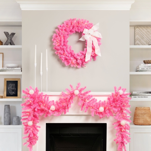 Pre-Lit Artificial Pine Christmas Wreath - 24" - Pink- Clear Lights