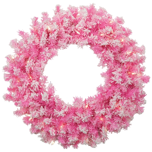 Pre-Lit Flocked Pine Artificial Christmas Wreath - 24" - Pink - Clear Lights