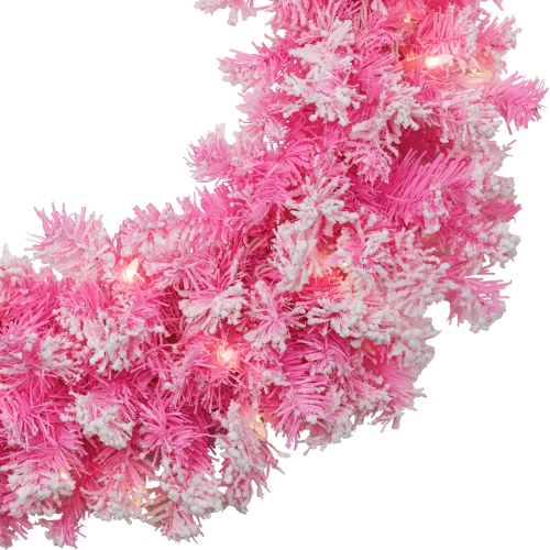 Pre-Lit Flocked Pine Artificial Christmas Wreath - 24" - Pink - Clear Lights