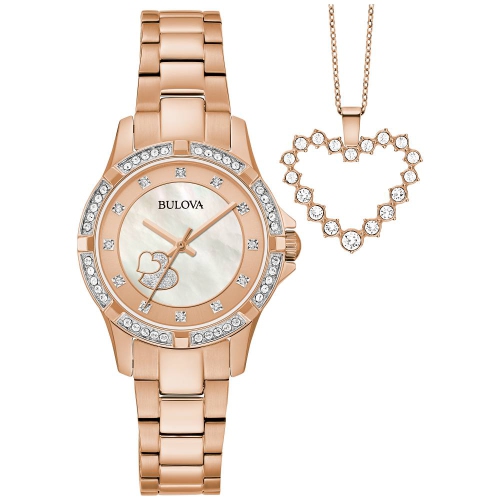 Bulova Ladies Crystal Quartz Box-Set 31.5mm Rose Gold-Tone Stainless Steel Case and Bracelet with Rose Gold-Tone Dial with corresponding Heart Pendan