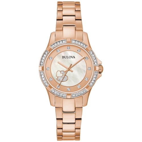 Bulova Ladies Crystal Quartz Box-Set 31.5mm Rose Gold-Tone Stainless Steel Case and Bracelet with Rose Gold-Tone Dial with corresponding Heart