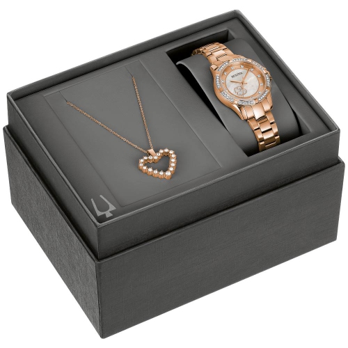 Bulova Ladies Crystal Quartz Box-Set 31.5mm Rose Gold-Tone Stainless Steel Case and Bracelet with Rose Gold-Tone Dial with corresponding Heart