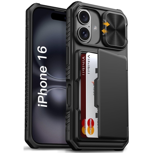 iPhone 16 Case Wallet with Card Holder RFID Blocking & Slide Camera Cover, Military Grade Drop Protection, Rugged Hard Back & Silicone Edge Phone Cas