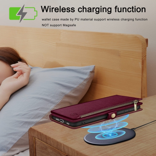 Étui portefeuille pour iPhone 16 6,1&nbsp;po avec fermeture à glissière Porte-carte de crédit? Blocage RFID, Flip Folio Book PU Étui pour téléphone