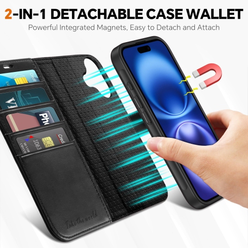 Wallet Case for iPhone 16 5G, PU Leather Magnetic Detachable Shockproof Case, Wireless Charge 4 Card Holder RFID Blocking Flip Cover Compatible with