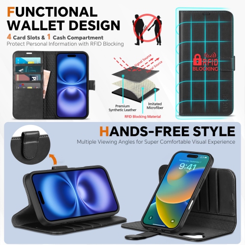 Wallet Case for iPhone 16 5G, PU Leather Magnetic Detachable Shockproof Case, Wireless Charge 4 Card Holder RFID Blocking Flip Cover Compatible with