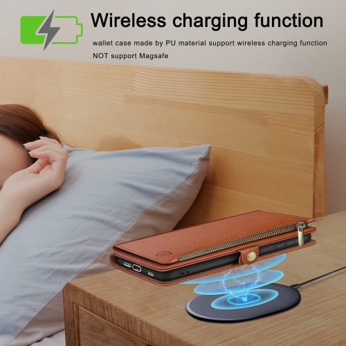 Étui portefeuille pour iPhone 16 6,1&nbsp;po avec fermeture à glissière Porte-carte de crédit? Blocage RFID, Flip Folio Book PU Étui pour téléphone