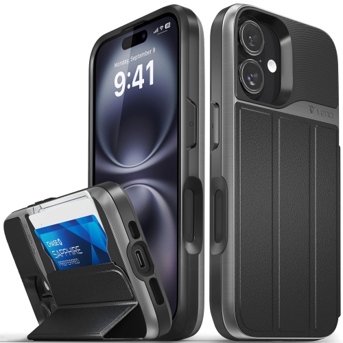HLD  Iphone 16 Wallet Case, Military Grade Drop Protection Flip Leather Cover Slot Card Holder With Kickstand - In Black