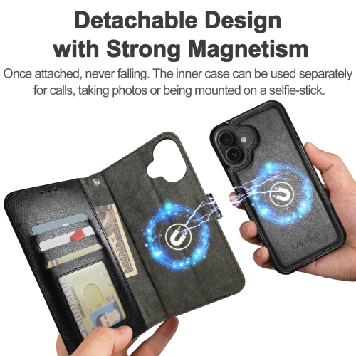 iPhone 16 Wallet Case, Detachable Leather Case with Card Holder, Strong Magnetic Compatible with MagSafe Wireless Charging, Kickstand Shockproof