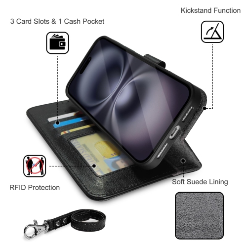 iPhone 16 Wallet Case, Detachable Leather Case with Card Holder, Strong Magnetic Compatible with MagSafe Wireless Charging, Kickstand Shockproof